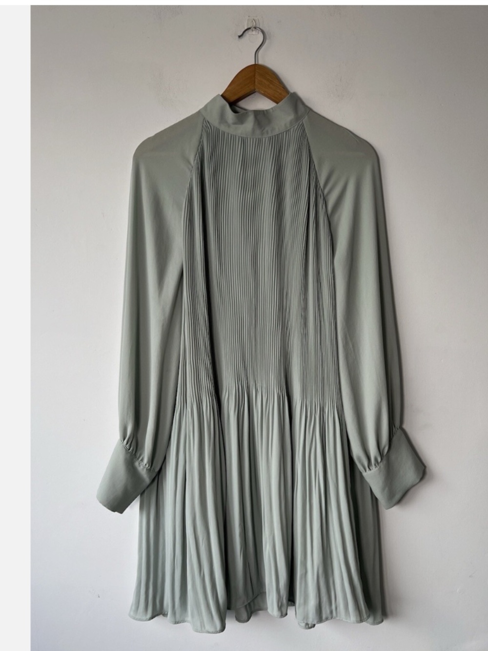 H&M Pleated High-Neck Sage, A-Lne Mini Dress - Sz L